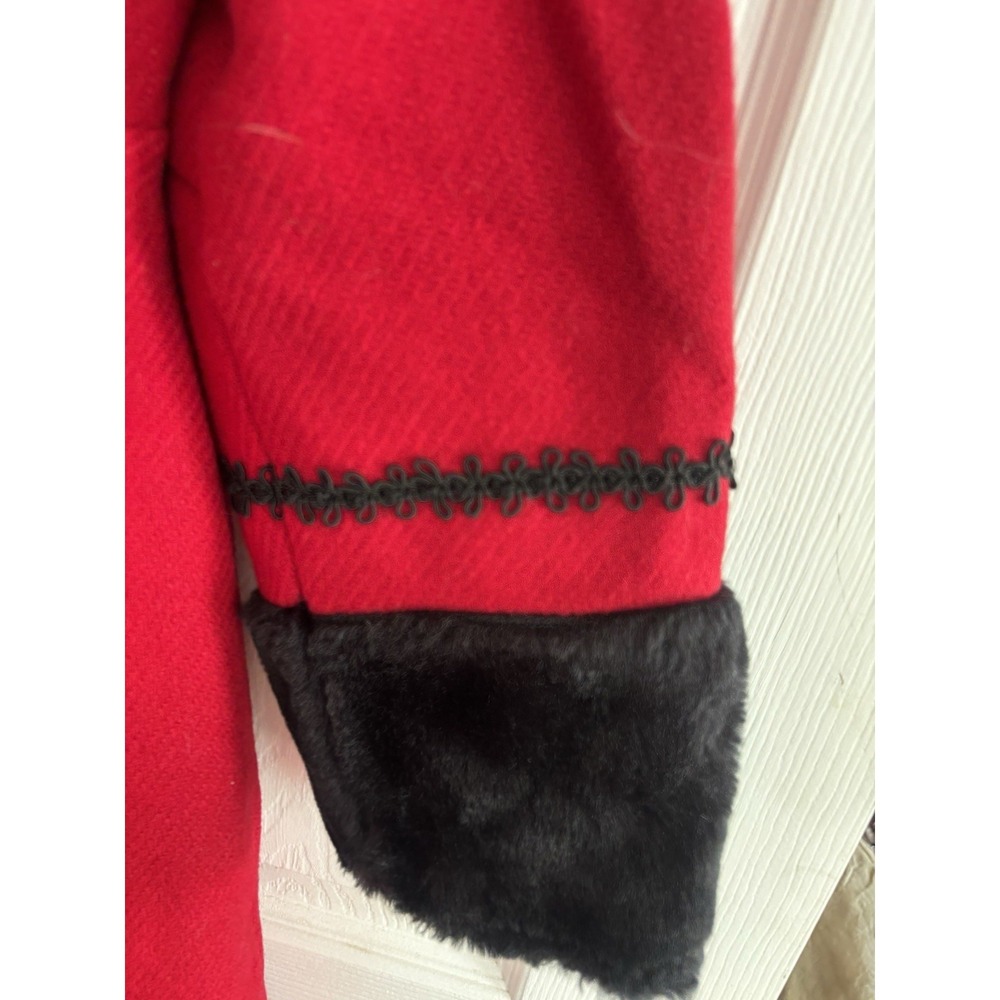 Vintage 1960s Red Princess Coat Wool Black Faux Fur Trim Hoood Long Sz S A-Line - Picture 3 of 16